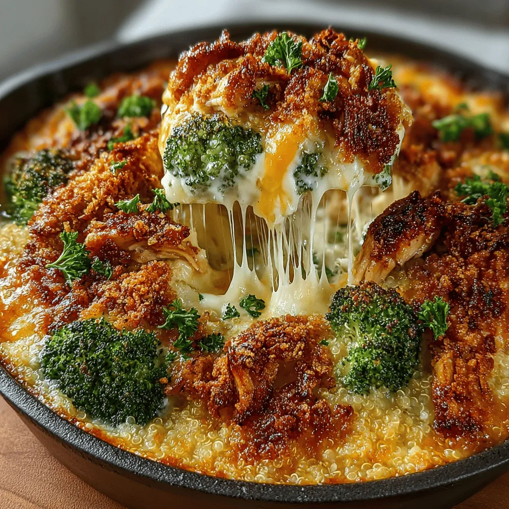 - 2 cups cooked chicken breast, shredded or diced - 2 cups fresh or frozen broccoli florets - 1 cup quinoa or rice (uncooked) - 1 cup shredded cheddar cheese - 1 can (10.5 oz) cream of chicken soup - 1/2 cup milk (dairy or plant-based) - 1 teaspoon garlic powder - 1 teaspoon onion powder - 1/2 teaspoon paprika - Salt and pepper to taste - Cooking spray or butter for greasing the pan