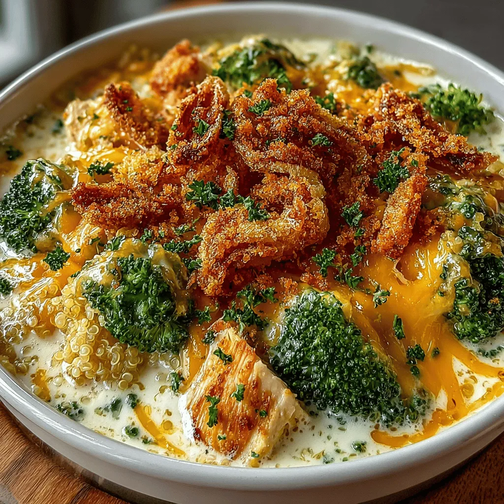 - 2 cups cooked chicken breast, shredded or diced - 2 cups fresh or frozen broccoli florets - 1 cup quinoa or rice (uncooked) - 1 cup shredded cheddar cheese - 1 can (10.5 oz) cream of chicken soup - 1/2 cup milk (dairy or plant-based) - 1 teaspoon garlic powder - 1 teaspoon onion powder - 1/2 teaspoon paprika - Salt and pepper to taste - Cooking spray or butter for greasing the pan