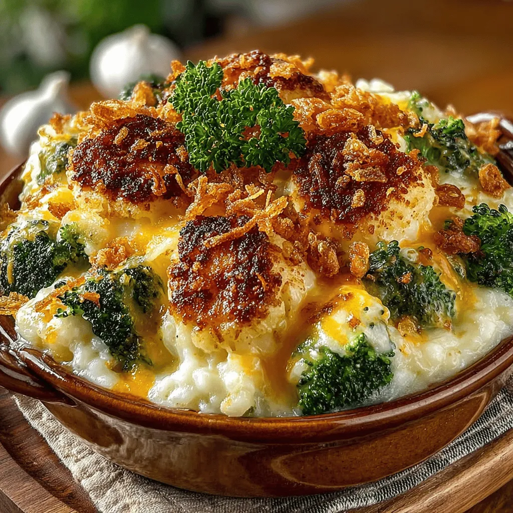 - 2 cups fresh or frozen broccoli florets - 1 cup instant rice - 1 can (10.5 oz) cream of mushroom soup - 1 cup sharp cheddar cheese, shredded - 1/2 cup Parmesan cheese, grated - 1 cup chicken or vegetable broth - 1/2 teaspoon garlic powder - 1/2 teaspoon onion powder - Salt and pepper, to taste - 1/2 cup breadcrumbs (optional, for topping)