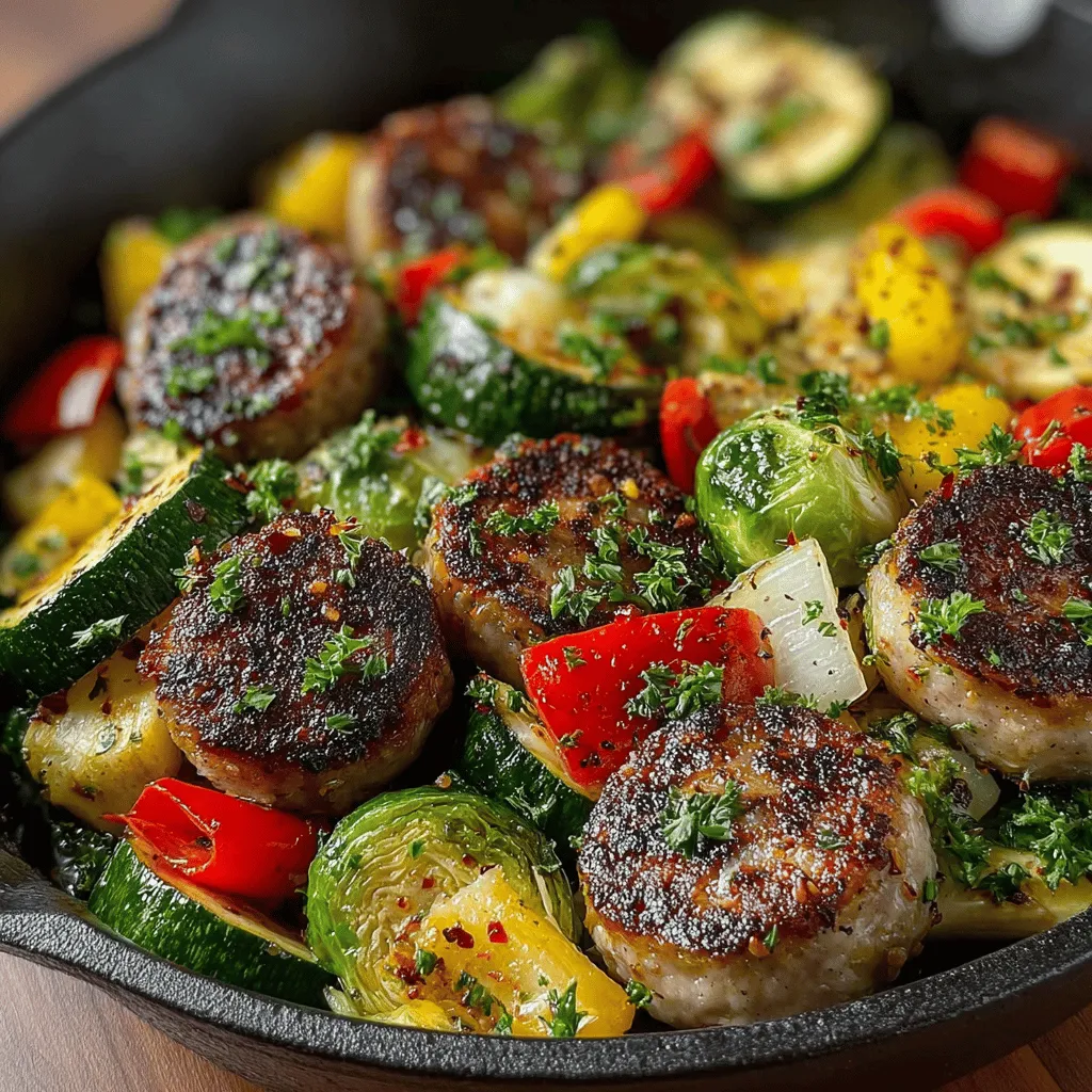 - 1 lb smoked sausage (kielbasa or Italian sausage) - 2 cups Brussels sprouts, halved - 1 red bell pepper, chopped - 1 yellow onion, sliced - 1 medium zucchini, sliced - 3 tablespoons olive oil - 1 teaspoon garlic powder - 1 teaspoon onion powder - 1 teaspoon dried Italian herbs - ½ teaspoon red pepper flakes (optional) - Salt and pepper to taste