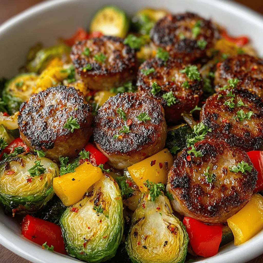 - 1 lb smoked sausage (kielbasa or Italian sausage) - 2 cups Brussels sprouts, halved - 1 red bell pepper, chopped - 1 yellow onion, sliced - 1 medium zucchini, sliced - 3 tablespoons olive oil - 1 teaspoon garlic powder - 1 teaspoon onion powder - 1 teaspoon dried Italian herbs - ½ teaspoon red pepper flakes (optional) - Salt and pepper to taste