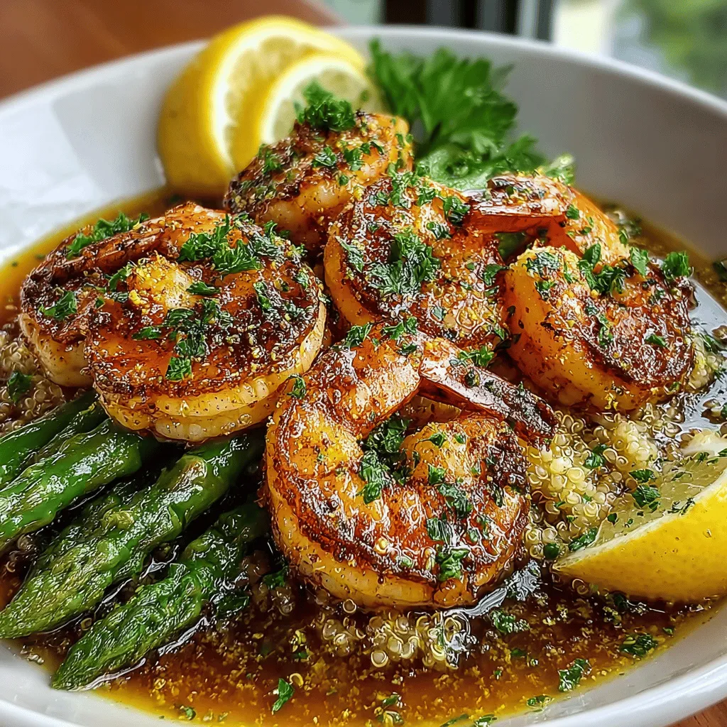 - 1 pound large shrimp, peeled and deveined - 1 bunch asparagus, trimmed and cut into 2-inch pieces - 3 tablespoons olive oil - 4 cloves garlic, minced - Juice and zest of 1 lemon - Salt and pepper to taste - Optional: red pepper flakes for heat - Cooked quinoa or rice, for serving
