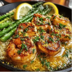 - 1 pound large shrimp, peeled and deveined - 1 bunch asparagus, trimmed and cut into 2-inch pieces - 3 tablespoons olive oil - 4 cloves garlic, minced - Juice and zest of 1 lemon - Salt and pepper to taste - Optional: red pepper flakes for heat - Cooked quinoa or rice, for serving