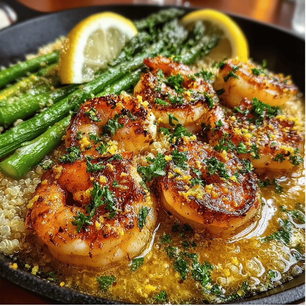 - 1 pound large shrimp, peeled and deveined - 1 bunch asparagus, trimmed and cut into 2-inch pieces - 3 tablespoons olive oil - 4 cloves garlic, minced - Juice and zest of 1 lemon - Salt and pepper to taste - Optional: red pepper flakes for heat - Cooked quinoa or rice, for serving