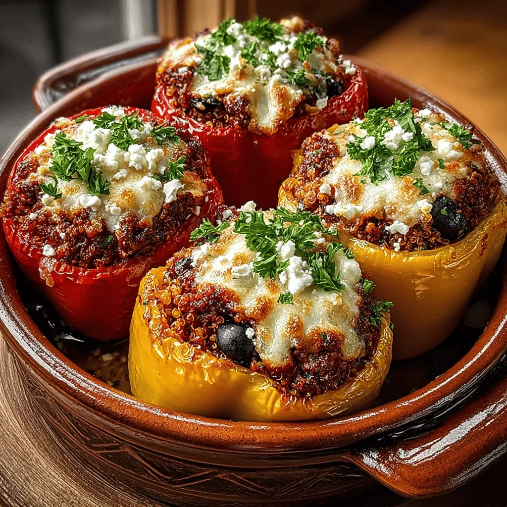 - 4 large bell peppers (any color) - 1 pound ground turkey (or ground beef for a richer flavor) - 1 cup cooked quinoa - 1 small onion, finely chopped - 2 cloves garlic, minced - 1 can (14.5 oz) diced tomatoes, drained - 1 cup spinach, chopped - 1 teaspoon dried oregano - 1 teaspoon dried basil - 1 teaspoon paprika - Salt and pepper to taste - 1/2 cup feta cheese, crumbled (optional) - Olive oil for cooking - Fresh parsley for garnish (optional)