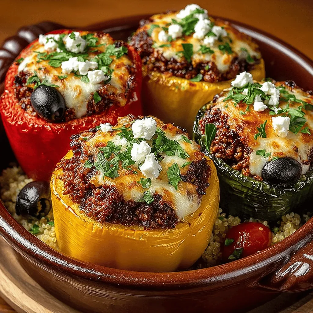 - 4 large bell peppers (any color) - 1 pound ground turkey (or ground beef for a richer flavor) - 1 cup cooked quinoa - 1 small onion, finely chopped - 2 cloves garlic, minced - 1 can (14.5 oz) diced tomatoes, drained - 1 cup spinach, chopped - 1 teaspoon dried oregano - 1 teaspoon dried basil - 1 teaspoon paprika - Salt and pepper to taste - 1/2 cup feta cheese, crumbled (optional) - Olive oil for cooking - Fresh parsley for garnish (optional)